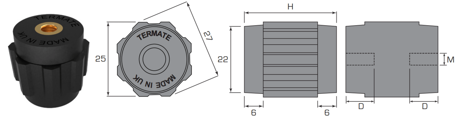 Plan and side view diagrams of the Termate standoff insulators in the AM2 footprint. Labels show width across flats is 25mm, width across corners is 27mm, base diameter is 22mm, and shoulder height is 6mm. Other dimensions are labelled with a letter, indicating a specific measurement in the table below.
