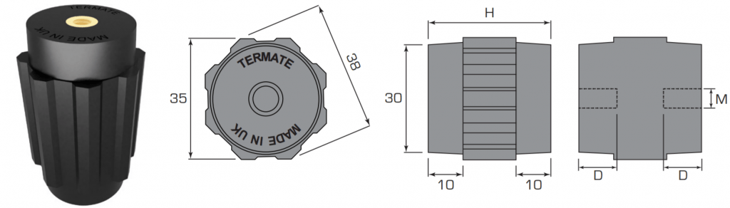 Plan and side view diagrams of the Termate standoff insulators in the AM4 footprint. Labels show width across flats is 35mm, width across corners is 38mm, base diameter is 30mm, and shoulder height is 10mm. Other dimensions are labelled with a letter, indicating a specific measurement in the table below.