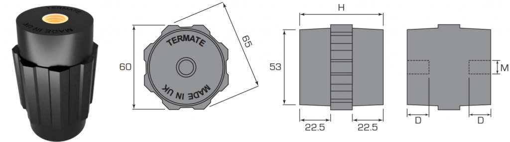 Plan and side view diagrams of the Termate standoff insulators in the AU6 footprint. Labels show width across flats is 60mm, width across corners is 65mm, base diameter is 53mm, and shoulder height is 22.5mm. Other dimensions are labelled with a letter, indicating a specific measurement in the table below.