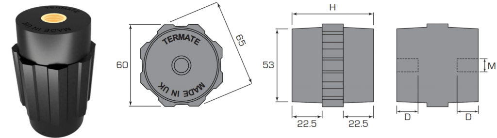 Diagramas de vista en planta y lateral de los aisladores de separación imperial Termate en la huella AM6. Las etiquetas muestran las dimensiones específicas de la anchura entre planos, la anchura entre esquinas, el diámetro de la base y la altura del hombro. La altura, el tamaño del inserto y la profundidad de la rosca se indican mediante letras que se relacionan con dimensiones específicas en la tabla siguiente.