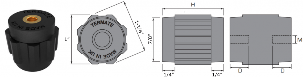 Plan and side view diagrams of the Termate standoff insulators in the AU2 footprint. Labels show width across flats is 1 inch, width across corners is 1 and 1/8 inches, base diameter is 7/8 inches, and shoulder height is 1/4 inches. Other dimensions are labelled with a letter, indicating a specific measurement in the table below.