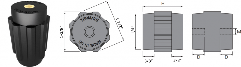 Plan and side view diagrams of the Termate standoff insulators in the AU4 footprint. Labels show width across flats is 1 and 3/8 inches, width across corners is 1 and 1/2 inches, base diameter is 1 and 1/4 inches, and shoulder height is 3/8 inches. Other dimensions are labelled with a letter, indicating a specific measurement in the table below.
