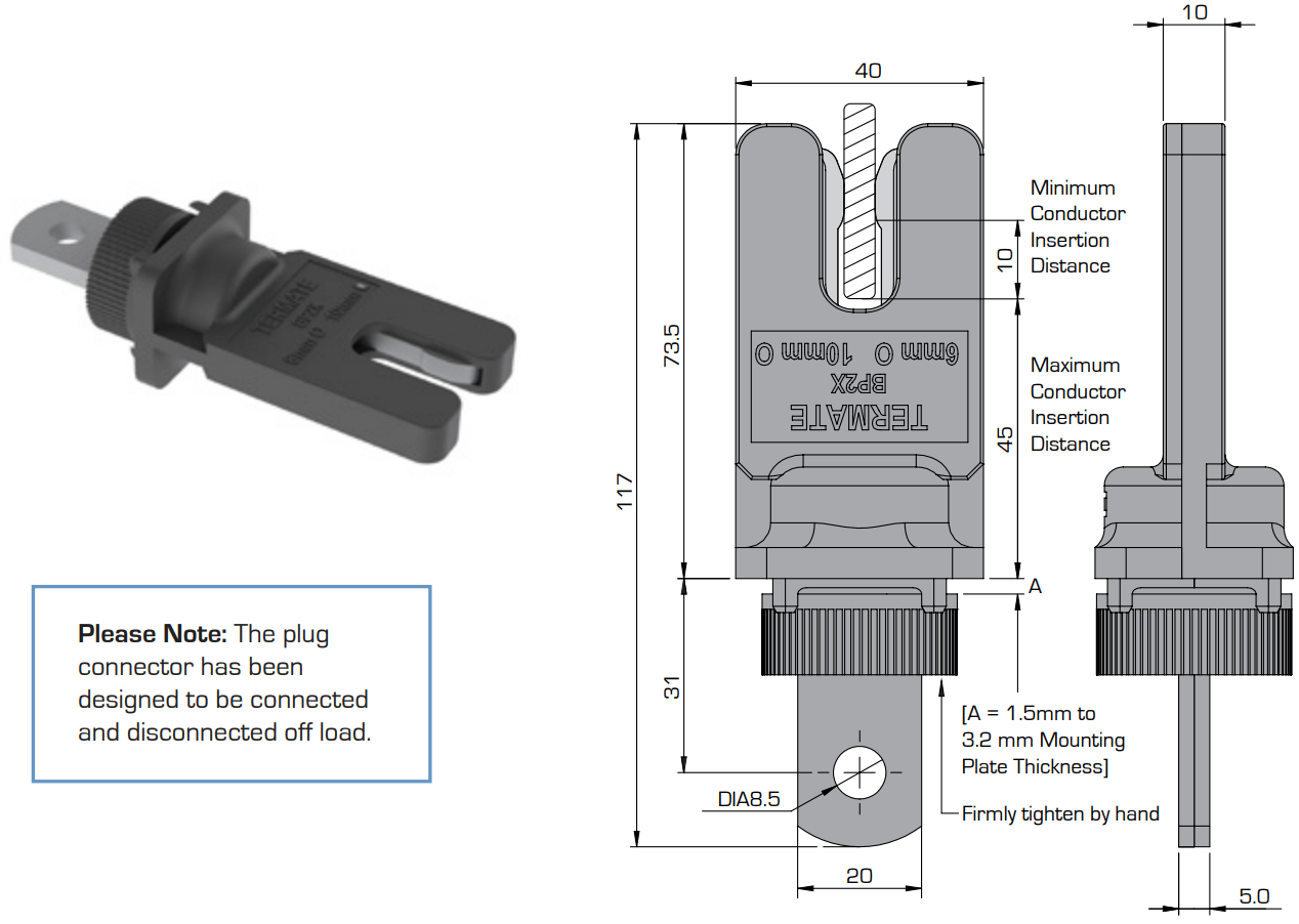 3D rendering and diagram of the Termate BP2X400 Busbar Plug