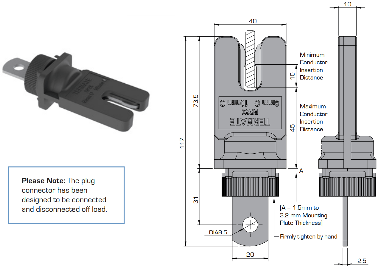 3D rendering and diagram of the Termate BP2X250 Busbar Plug