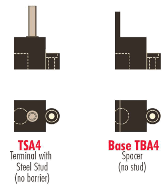 Diagram showing the TSA4 Terminal with steel stud, no barrier and the Base TBA4 Spacer without stud