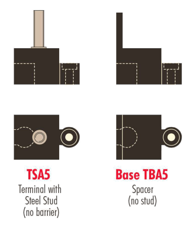 Diagram showing the TSA5 Terminal with steel stud and without barrier, and the Base TBA5 Spacer without stud