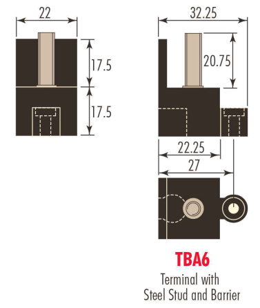 Diagram show the TBA6 Terminal with steel stud and barrier