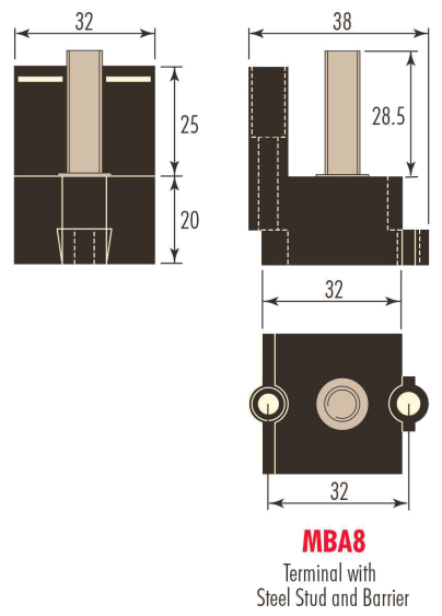 Diagram of the MBA8 Terminal with steel stud and barrier