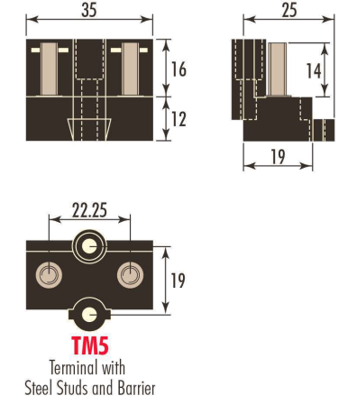 Diagram showing the TM5 Terminal with twin M5 steel studs and barrier