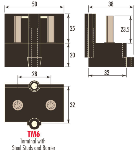 Diagram of the TM6 Terminal with twin steel M6 studs and barrier