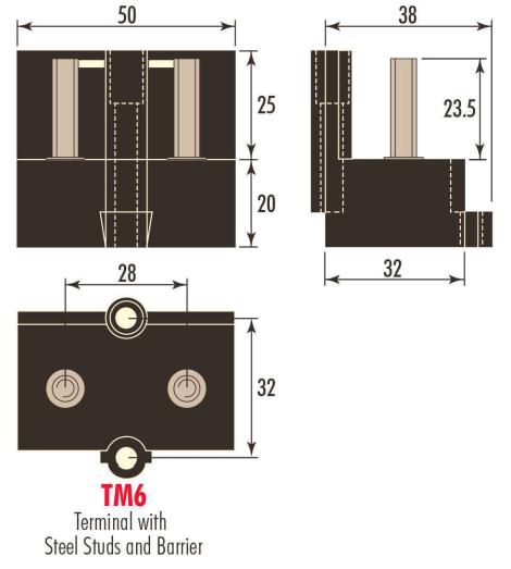 Diagram of the TM6 Terminal with twin steel M6 studs and barrier