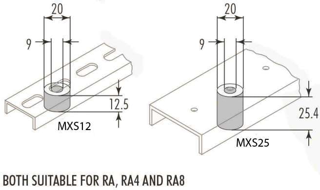 Diagram to show the dimensions of the MXS12, 12.5 mm and MXS25, 25.4 mm spacers for the RA, RA4 and RA8 Rails