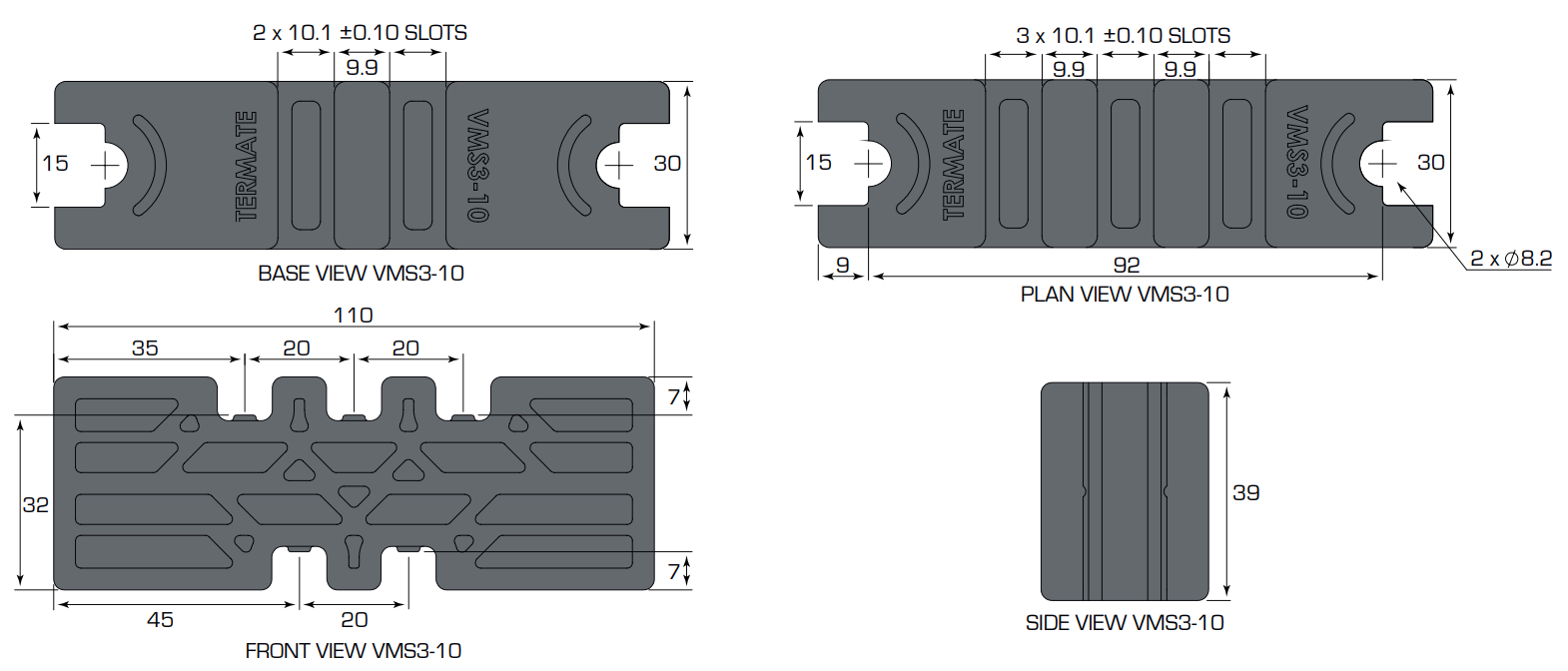 Screenshot 2022-11-22 114921 Diagrams showing the dimensions of the VMS3-10 Busbar Support