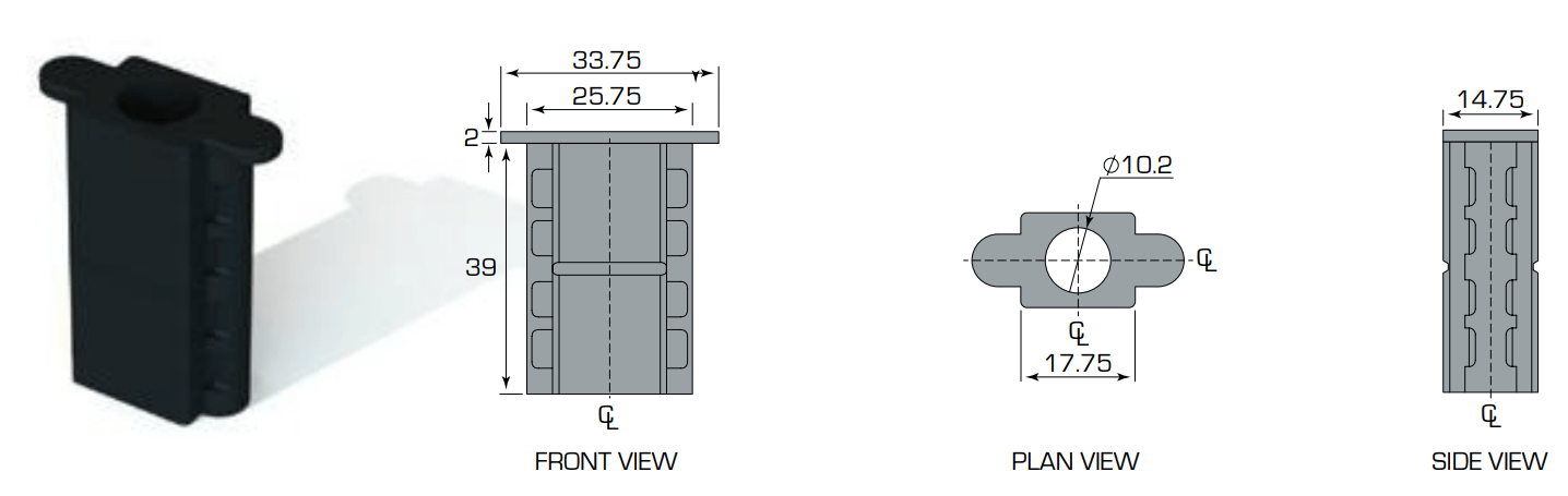 Diagrams showing the dimensions of the VMS-S110 Spacer