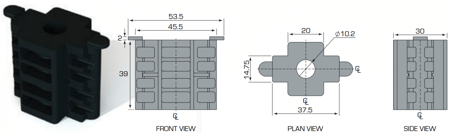 Diagrams showing the dimensions of the VMS-S130 Spacer