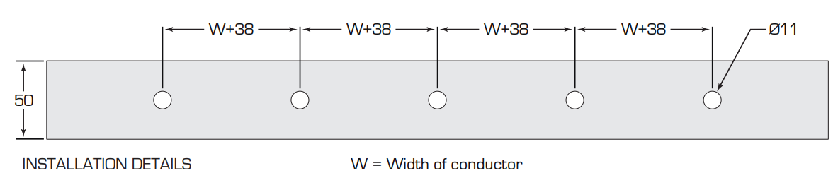 Diagram showing the 38 mm Space Requirement for FBS in additional to the width of the conductor