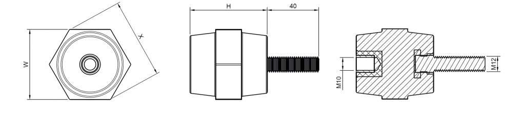 Diagrams of the dimensions of the L31060M12 Male/Female Low Smoke Standoff Insulator