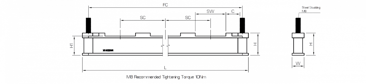 Diagram to show the dimensions of the MXMF Busbar Supports